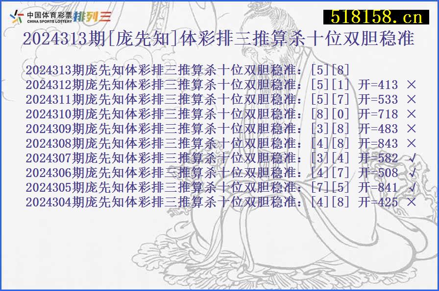 2024313期[庞先知]体彩排三推算杀十位双胆稳准