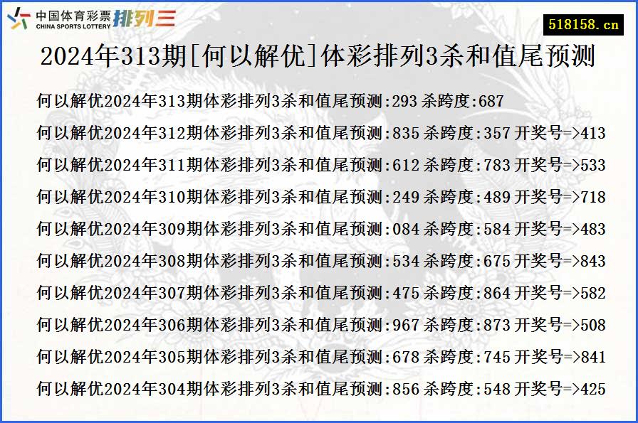 2024年313期[何以解优]体彩排列3杀和值尾预测