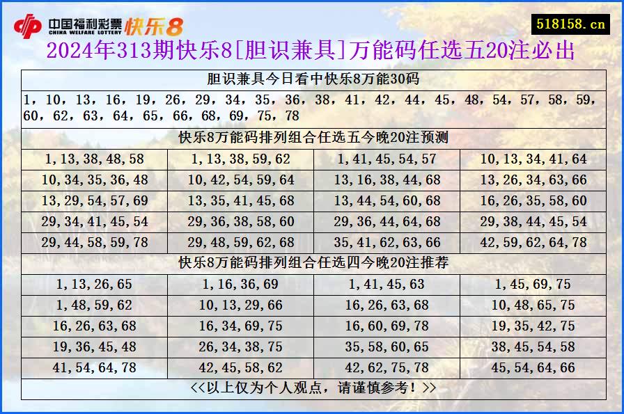 2024年313期快乐8[胆识兼具]万能码任选五20注	必出