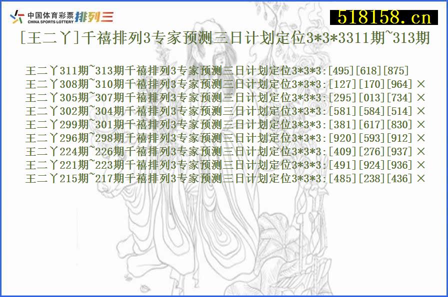 [王二丫]千禧排列3专家预测三日计划定位3*3*3311期~313期