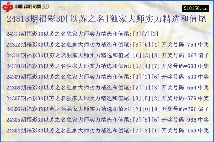 24313期福彩3D[以苏之名]独家大师实力精选和值尾
