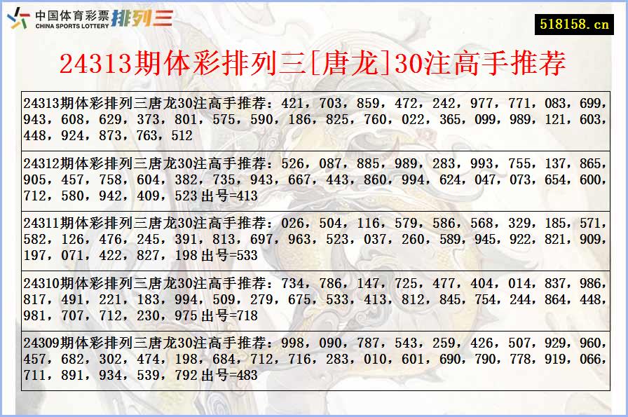 24313期体彩排列三[唐龙]30注高手推荐