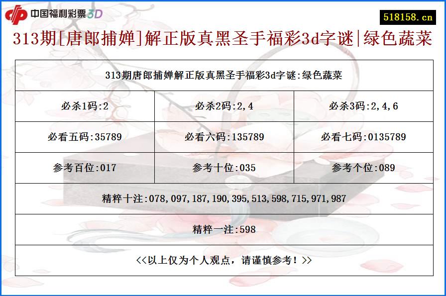 313期[唐郎捕婵]解正版真黑圣手福彩3d字谜|绿色蔬菜