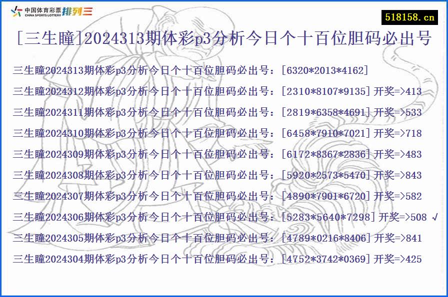 [三生瞳]2024313期体彩p3分析今日个十百位胆码必出号