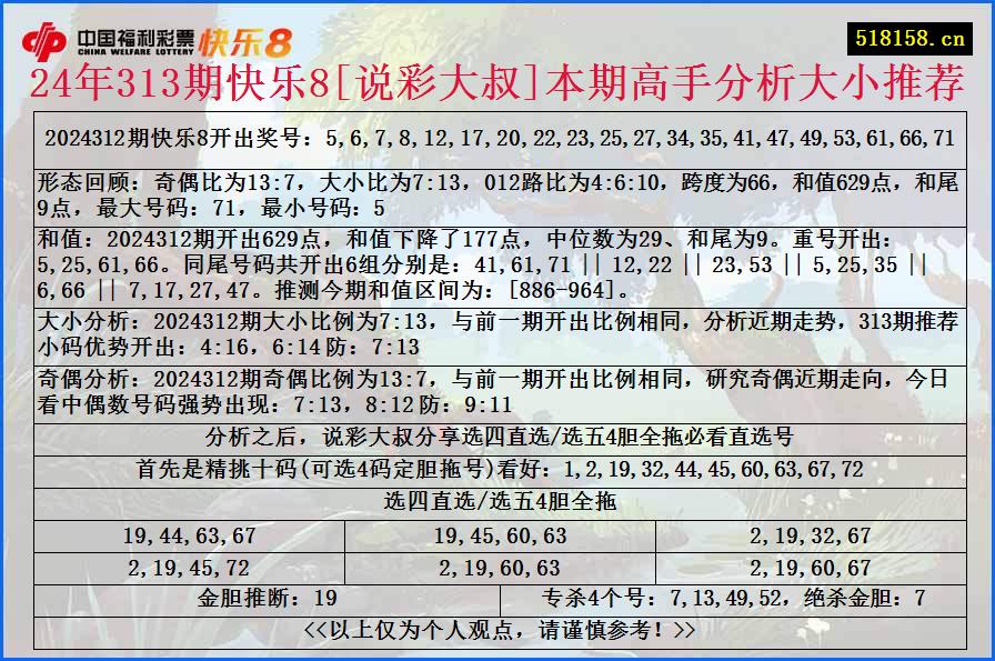 24年313期快乐8[说彩大叔]本期高手分析大小推荐