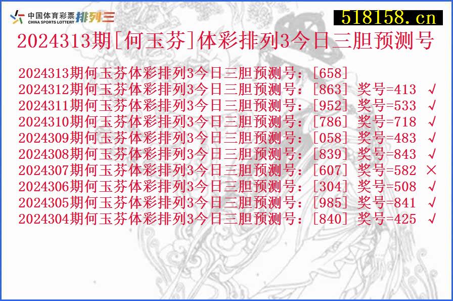 2024313期[何玉芬]体彩排列3今日三胆预测号