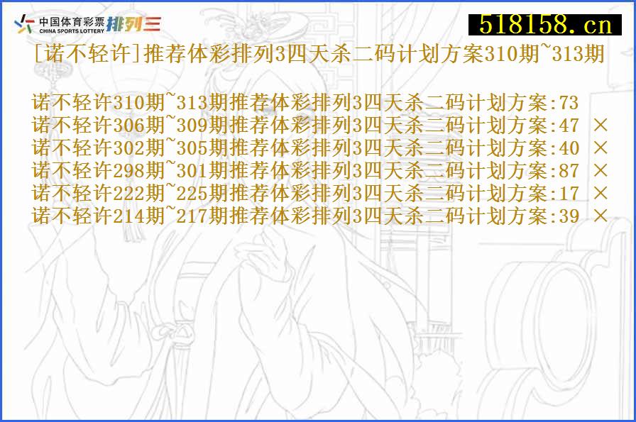 [诺不轻许]推荐体彩排列3四天杀二码计划方案310期~313期