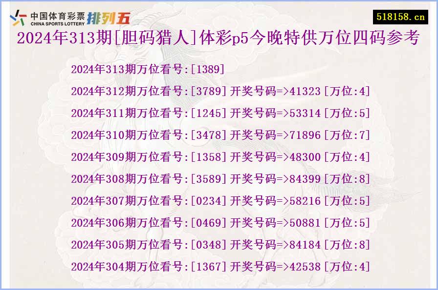 2024年313期[胆码猎人]体彩p5今晚特供万位四码参考