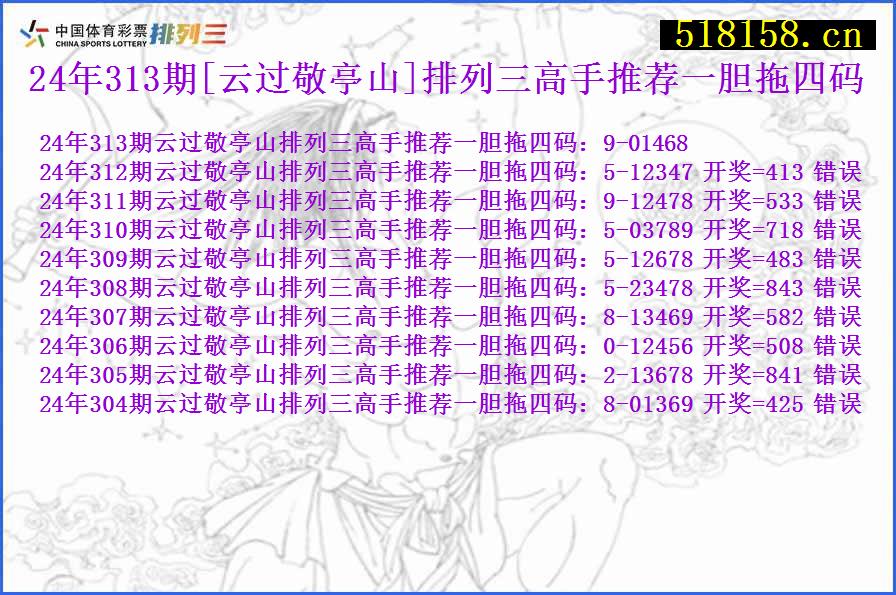 24年313期[云过敬亭山]排列三高手推荐一胆拖四码