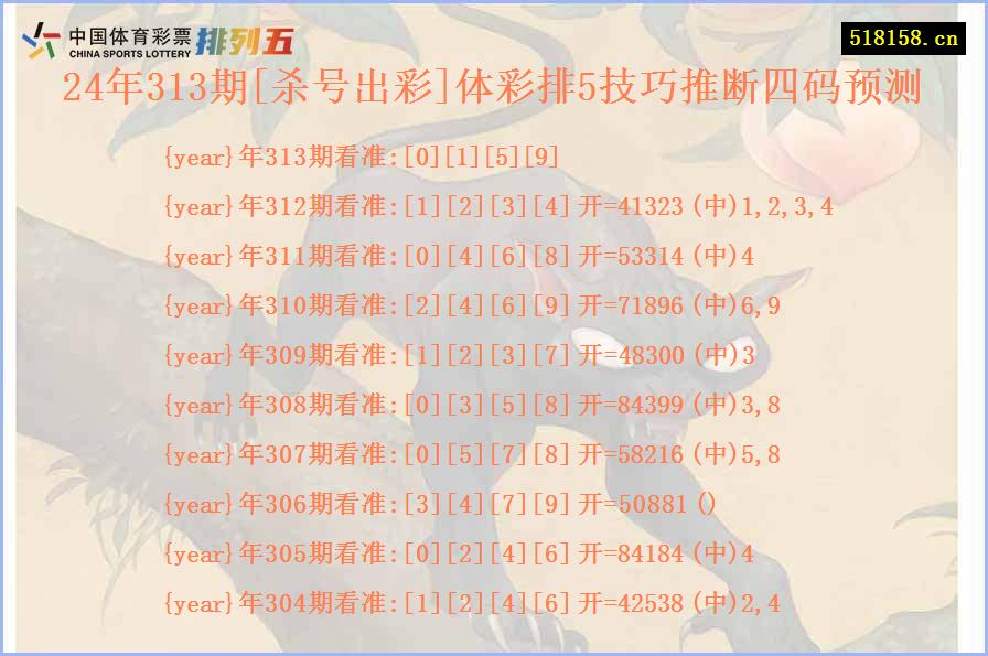 24年313期[杀号出彩]体彩排5技巧推断四码预测