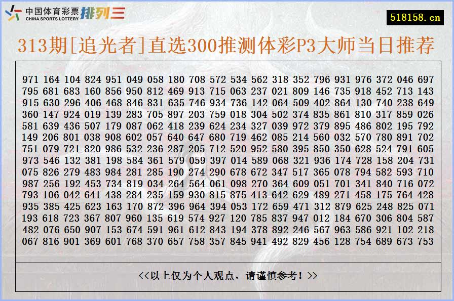 313期[追光者]直选300推测体彩P3大师当日推荐