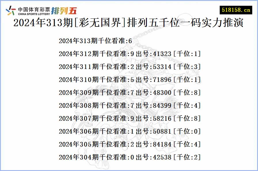 2024年313期[彩无国界]排列五千位一码实力推演