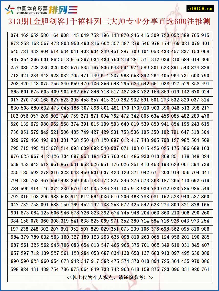 313期[金胆剑客]千禧排列三大师专业分享直选600注推测