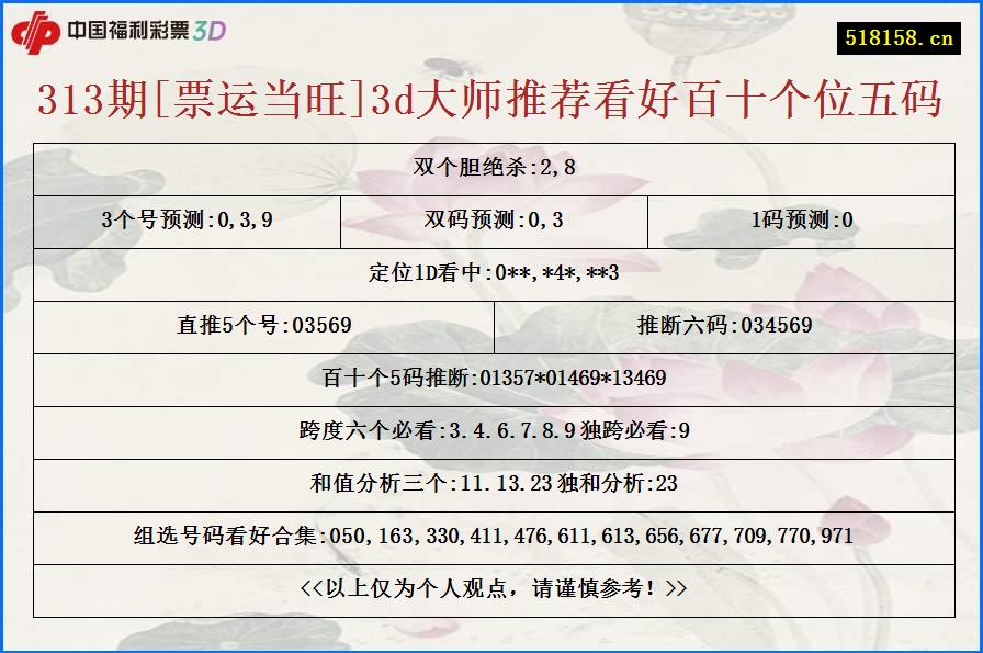 313期[票运当旺]3d大师推荐看好百十个位五码