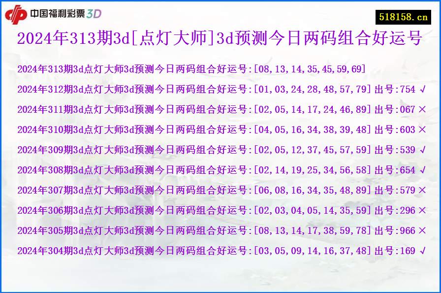 2024年313期3d[点灯大师]3d预测今日两码组合好运号