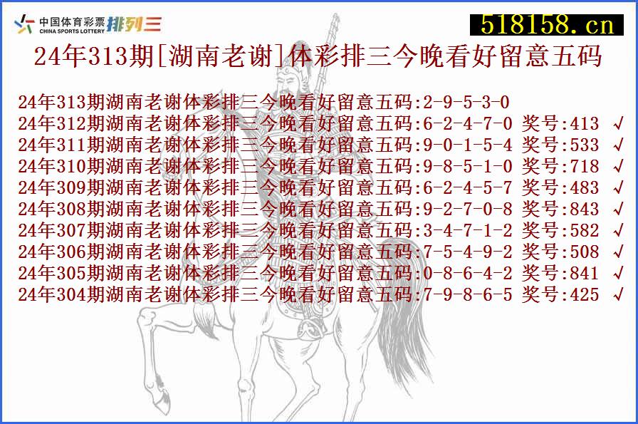 24年313期[湖南老谢]体彩排三今晚看好留意五码