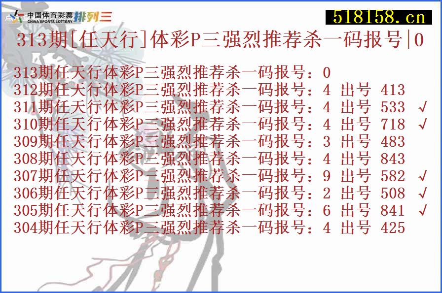 313期[任天行]体彩P三强烈推荐杀一码报号|0