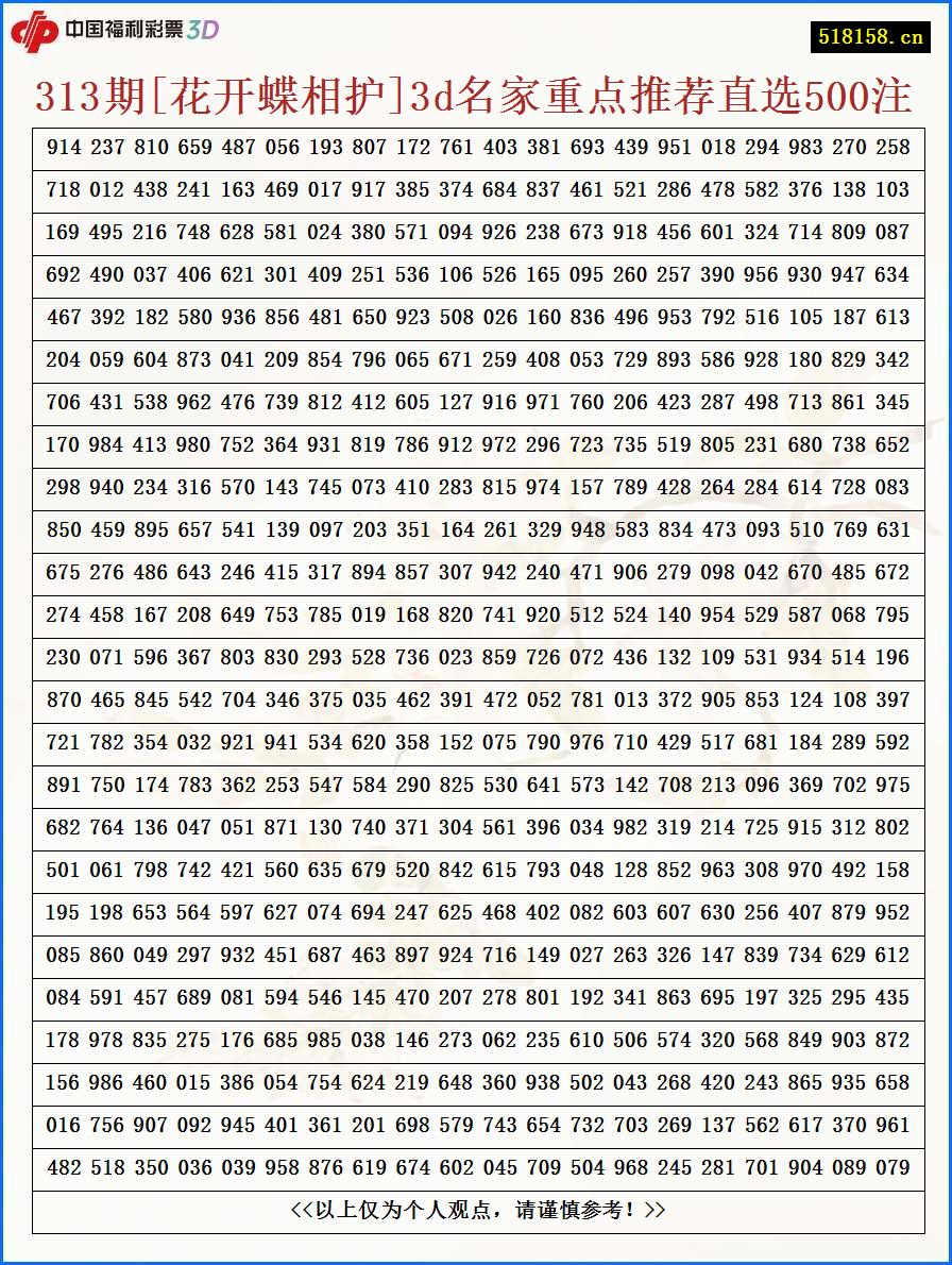 313期[花开蝶相护]3d名家重点推荐直选500注