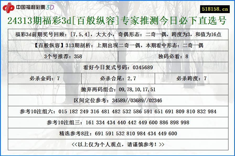 24313期福彩3d[百般纵容]专家推测今日必下直选号