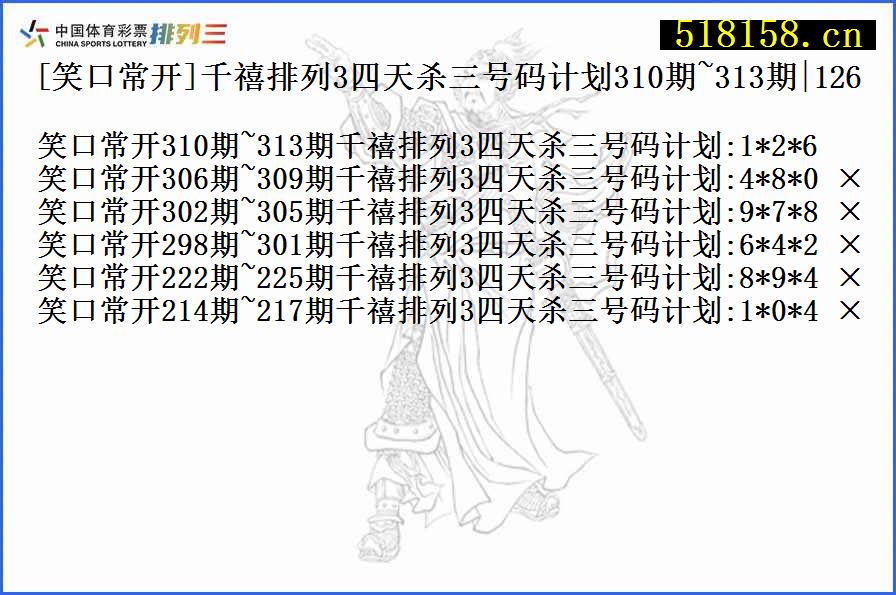 [笑口常开]千禧排列3四天杀三号码计划310期~313期|126