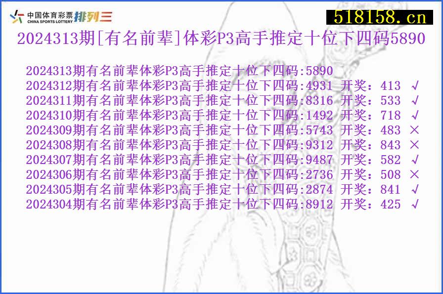 2024313期[有名前辈]体彩P3高手推定十位下四码5890