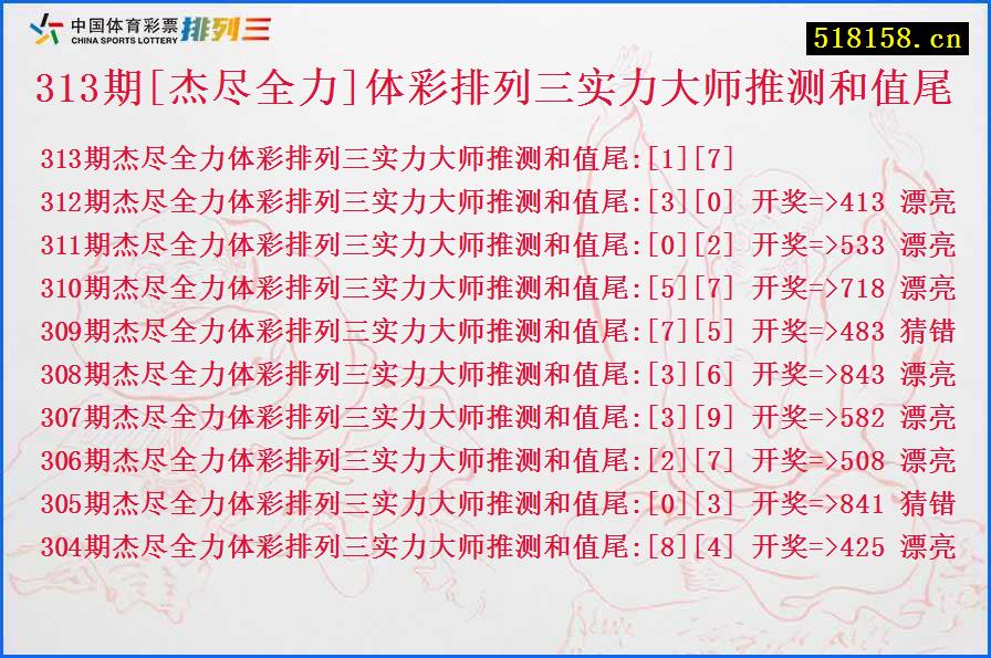 313期[杰尽全力]体彩排列三实力大师推测和值尾