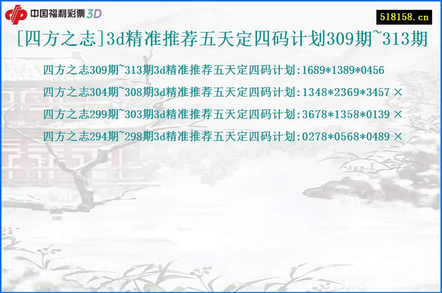 [四方之志]3d精准推荐五天定四码计划309期~313期