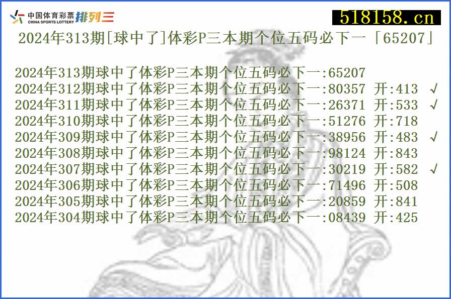 2024年313期[球中了]体彩P三本期个位五码必下一「65207」