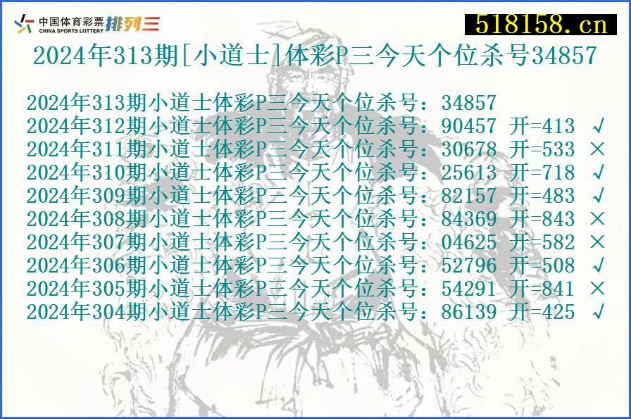 2024年313期[小道士]体彩P三今天个位杀号34857