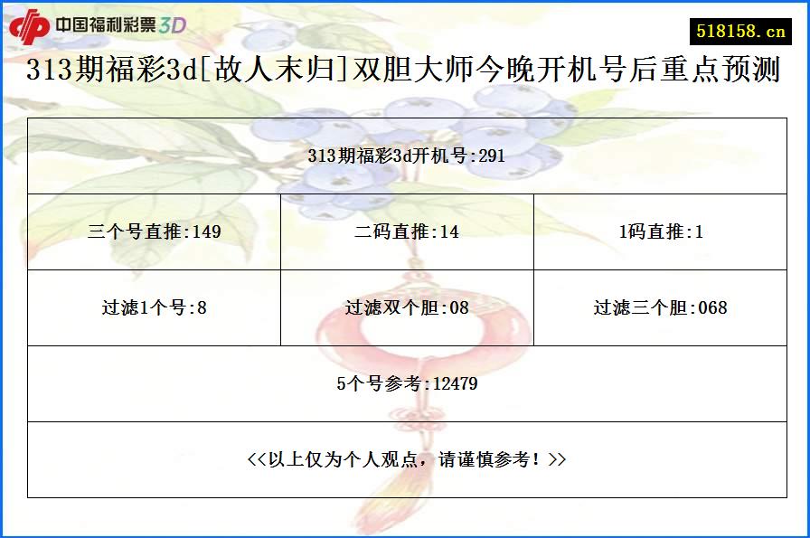 313期福彩3d[故人末归]双胆大师今晚开机号后重点预测