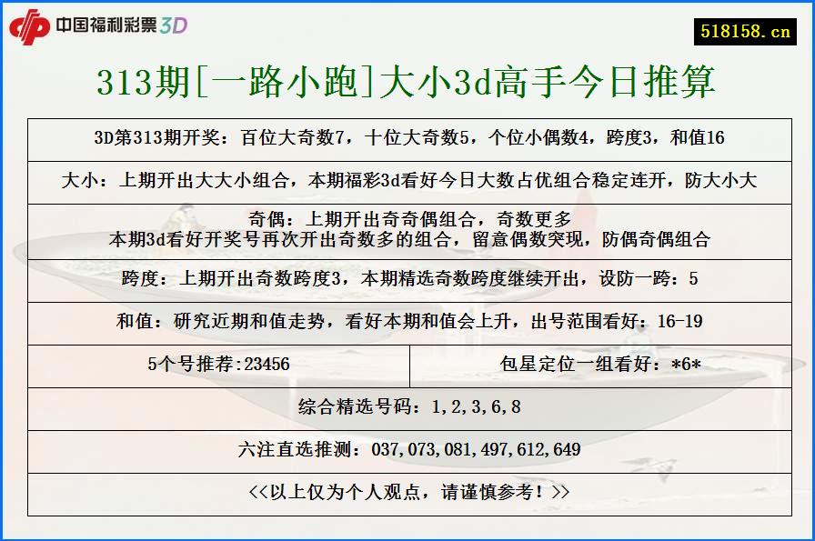 313期[一路小跑]大小3d高手今日推算