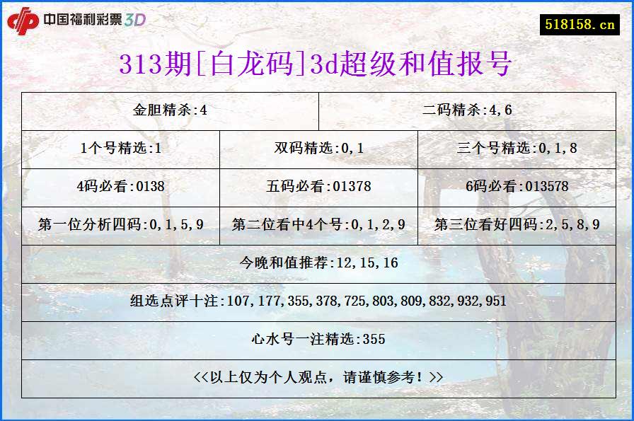 313期[白龙码]3d超级和值报号