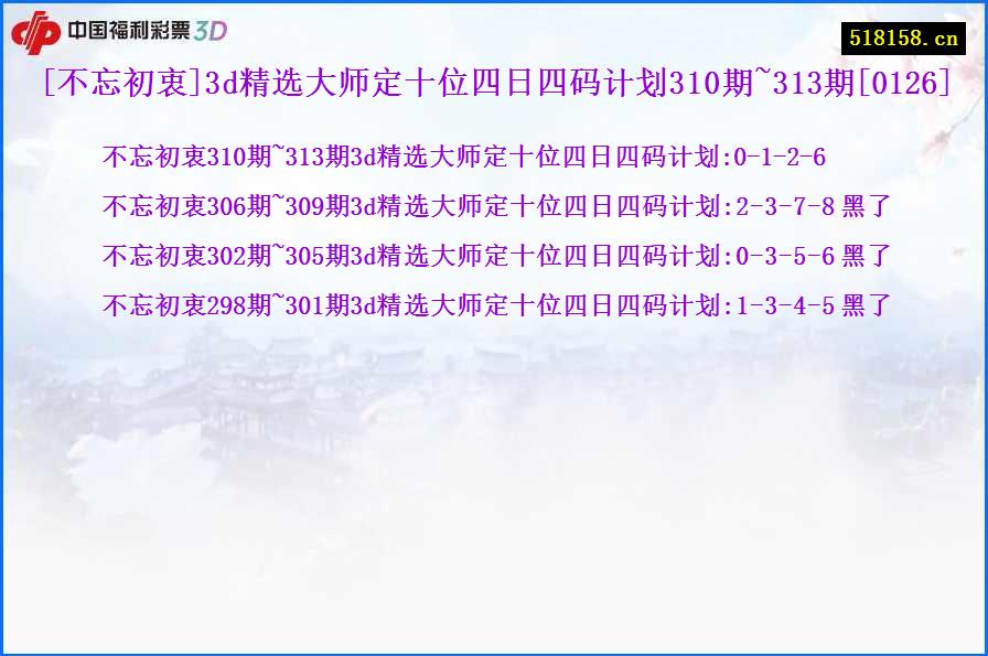 [不忘初衷]3d精选大师定十位四日四码计划310期~313期[0126]