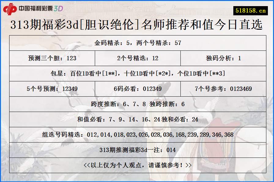 313期福彩3d[胆识绝伦]名师推荐和值今日直选