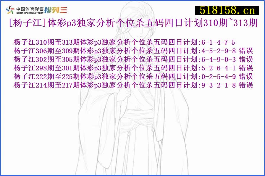 [杨子江]体彩p3独家分析个位杀五码四日计划310期~313期