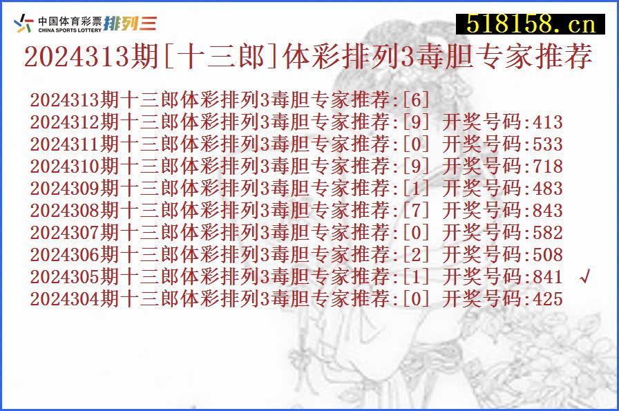 2024313期[十三郎]体彩排列3毒胆专家推荐