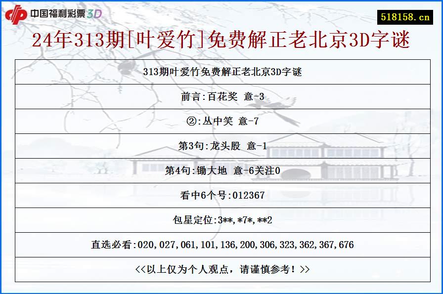 24年313期[叶爱竹]免费解正老北京3D字谜