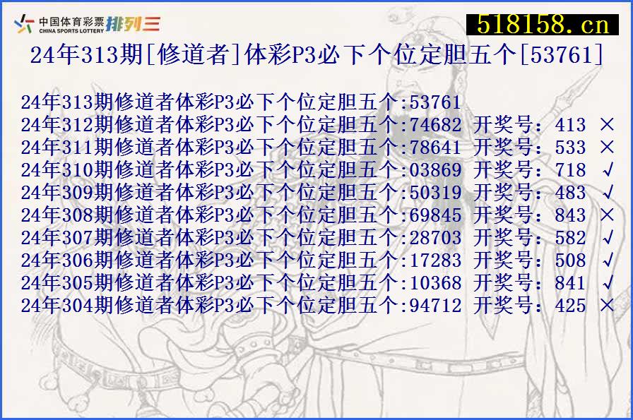 24年313期[修道者]体彩P3必下个位定胆五个[53761]