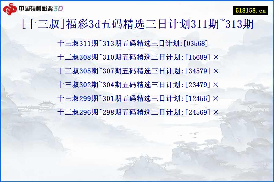 [十三叔]福彩3d五码精选三日计划311期~313期