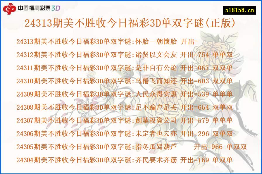 24313期美不胜收今日福彩3D单双字谜(正版)