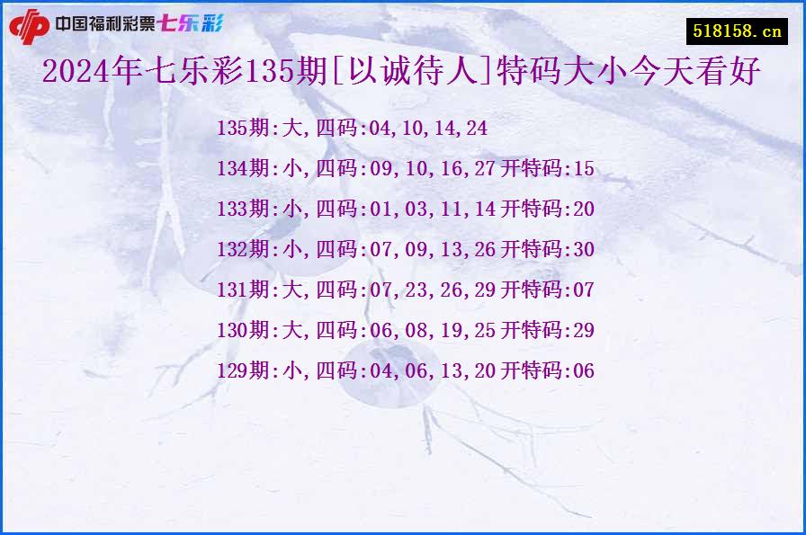 2024年七乐彩135期[以诚待人]特码大小今天看好