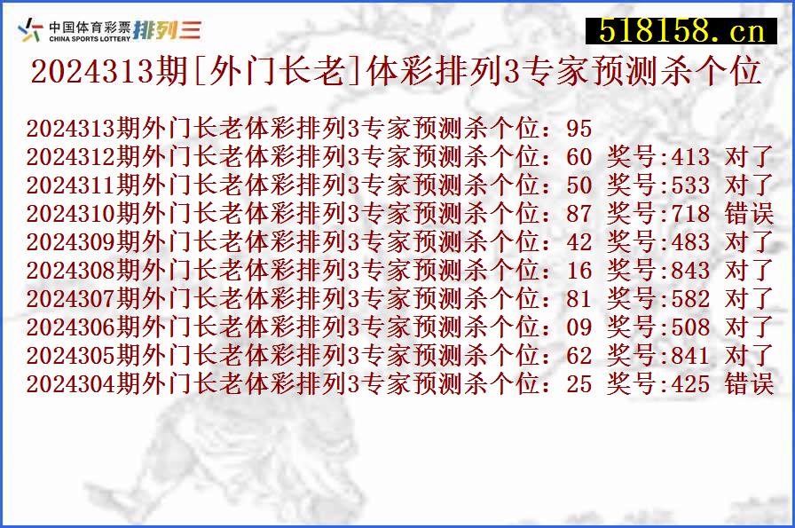 2024313期[外门长老]体彩排列3专家预测杀个位