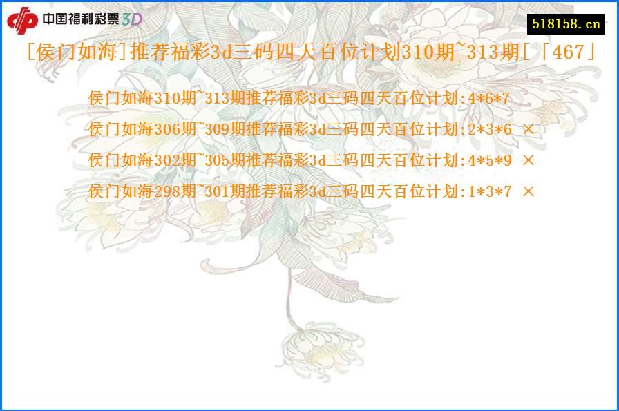 [侯门如海]推荐福彩3d三码四天百位计划310期~313期[「467」