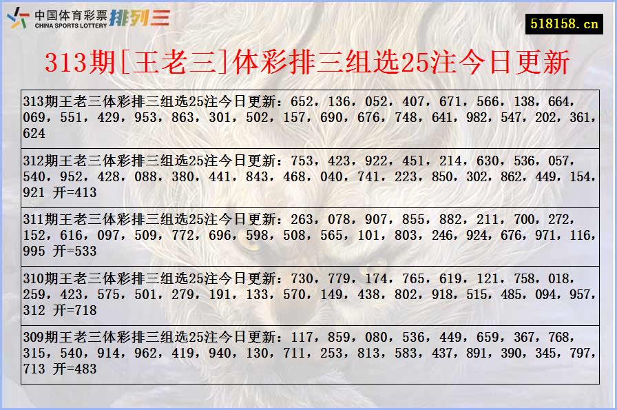 313期[王老三]体彩排三组选25注今日更新