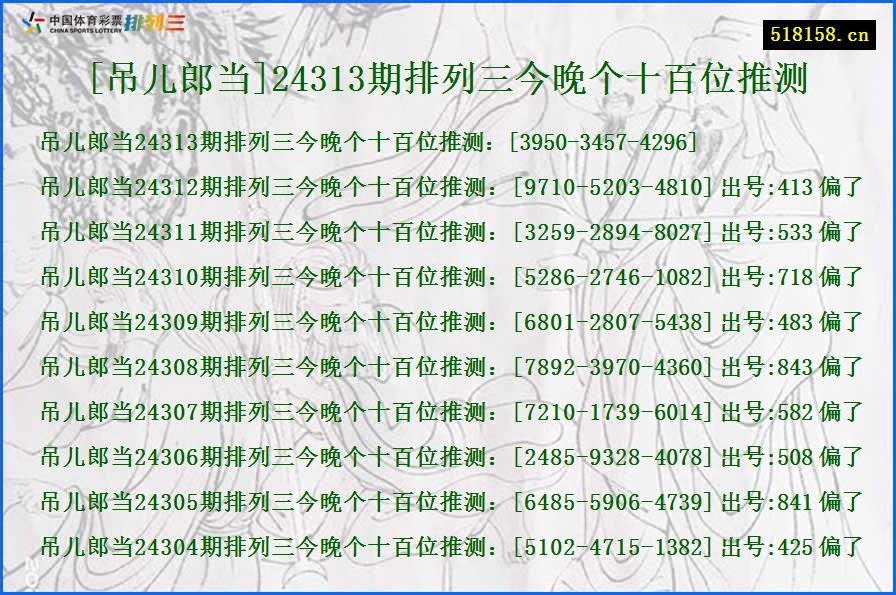 [吊儿郎当]24313期排列三今晚个十百位推测