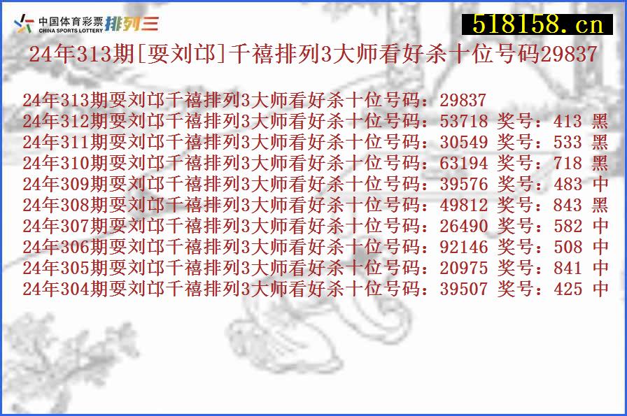 24年313期[耍刘邙]千禧排列3大师看好杀十位号码29837