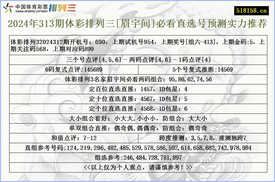 2024年313期体彩排列三[眉宇间]必看直选号预测实力推荐