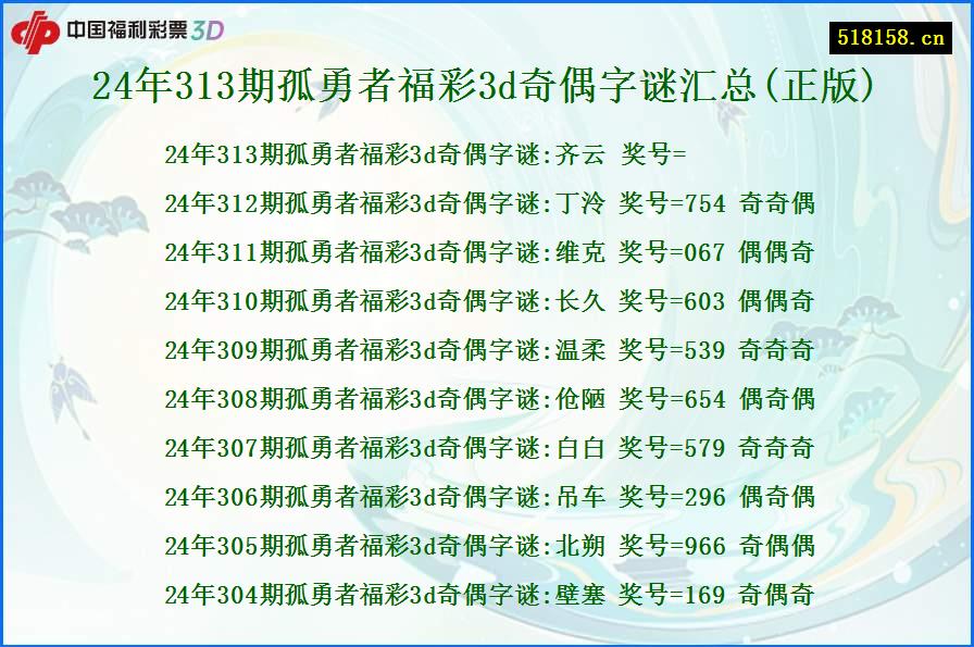 24年313期孤勇者福彩3d奇偶字谜汇总(正版)