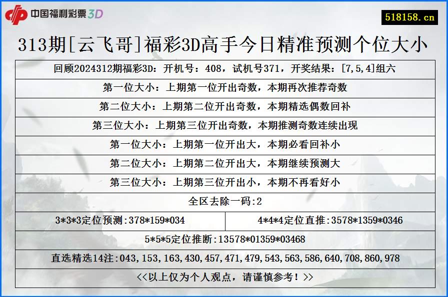 313期[云飞哥]福彩3D高手今日精准预测个位大小