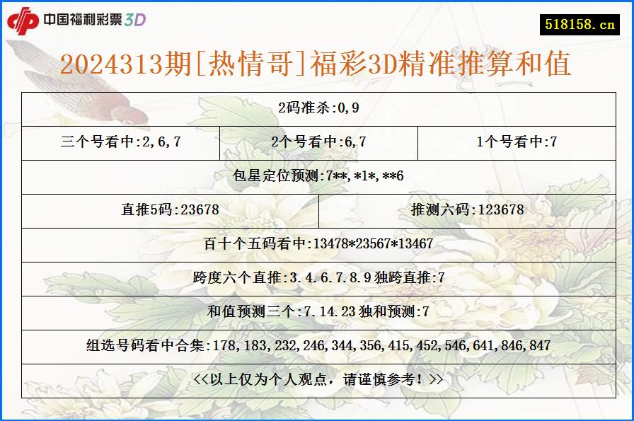 2024313期[热情哥]福彩3D精准推算和值